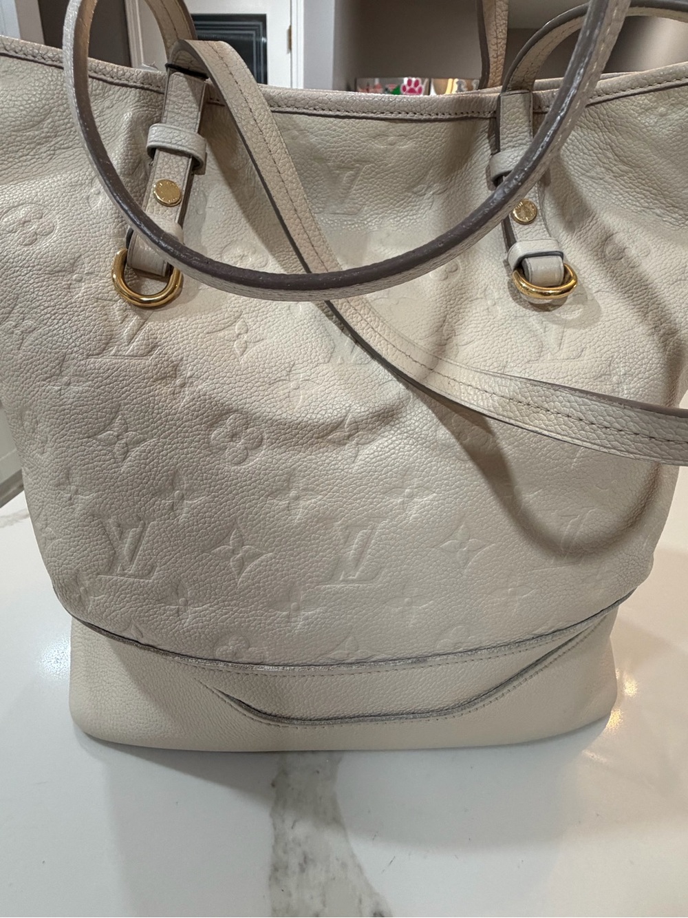 Louis Vuitton Cream Embossed Monogram Leather Tote with Gold Hardware